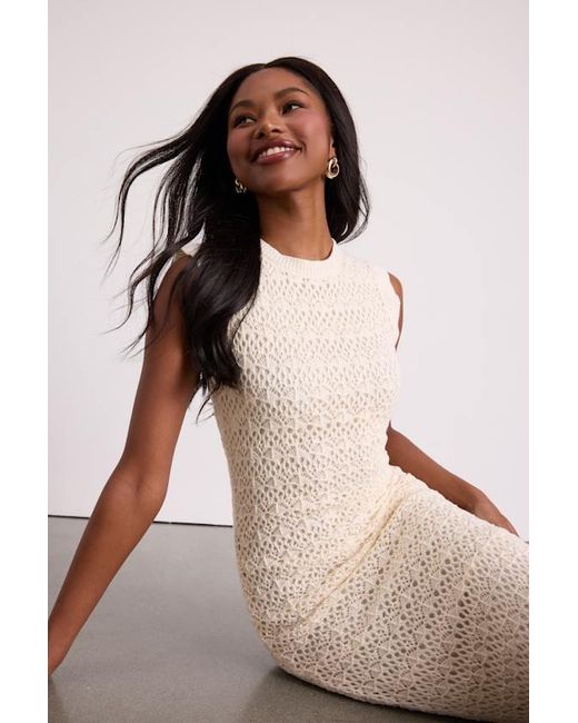 Lulus Pink Nusa Cream Crochet Ruffled Column Midi Dress