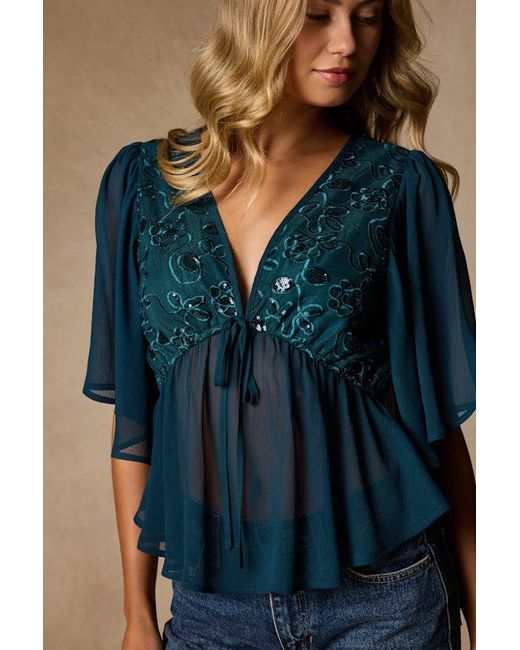 Lulus Blue Dakotah Embroidered Sequin Top