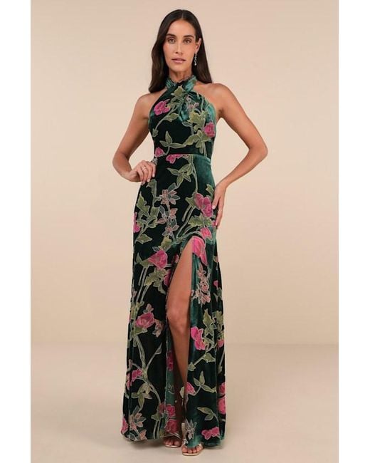Lulus Women's Green Flawlessly Gorgeous Burnout Floral Halter Maxi Dress