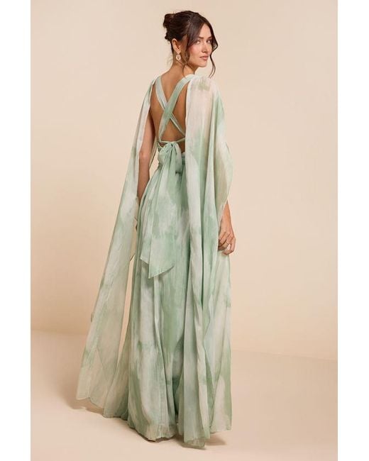 Lulus Green Damaria Sage Multi Abstract Cape Sleeve Maxi Dress