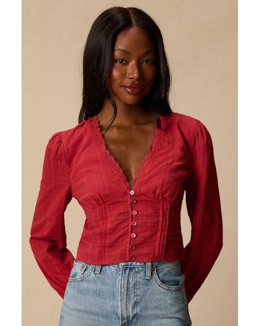 Lulus Red Keyra Button-Front Balloon Sleeve Crop Top