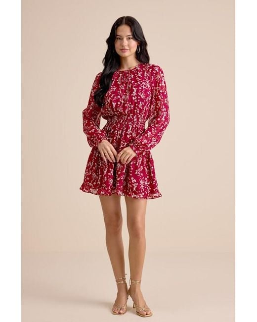 Lulus Too Cute Floral Smocked Long Sleeve Mini Dress in Red | Lyst UK