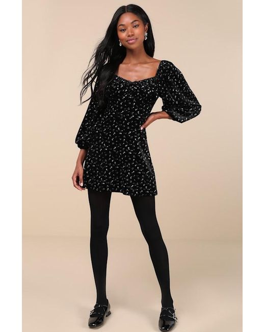 Lulus Black Adored Perfection Floral Velvet Balloon Sleeve Mini Dress