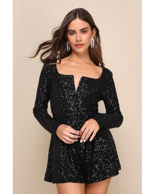 Lulus Black Cue The Shine Sequin Long Sleeve Romper