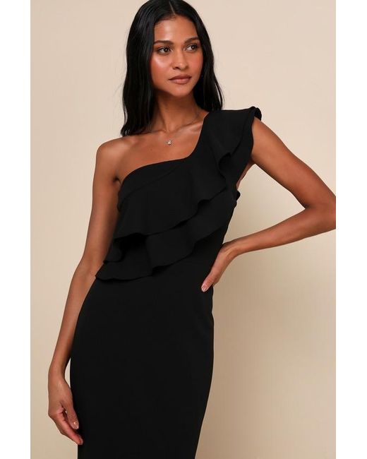 Lulus Black Grand Beauty Ruffled One-Shoulder Mermaid Maxi Dress