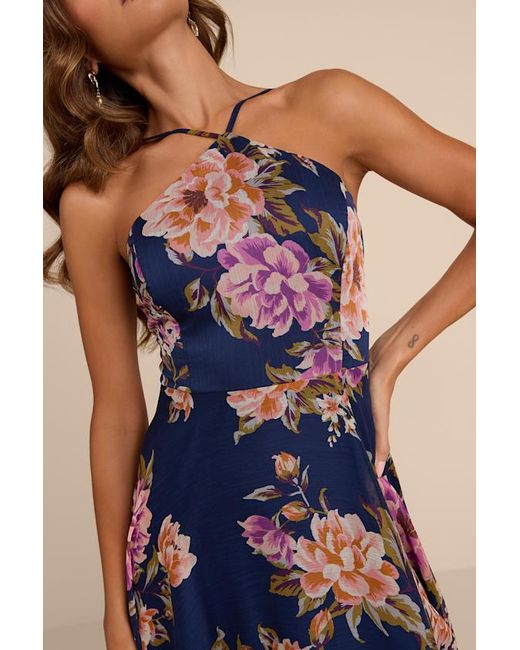 Lulus Blue Romantic Marvel Floral Print Halter Neck Maxi Dress