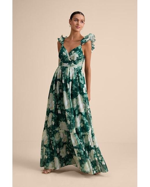 Lulus Green Soiree Perfection Floral Ruffled Tiered Maxi Dress