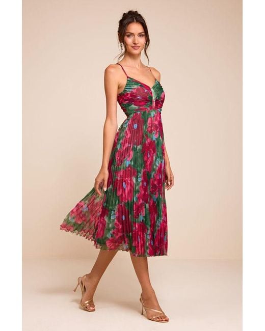 Lulus Red Whitley Multi Floral Pleated Sleeveless Midi Dress