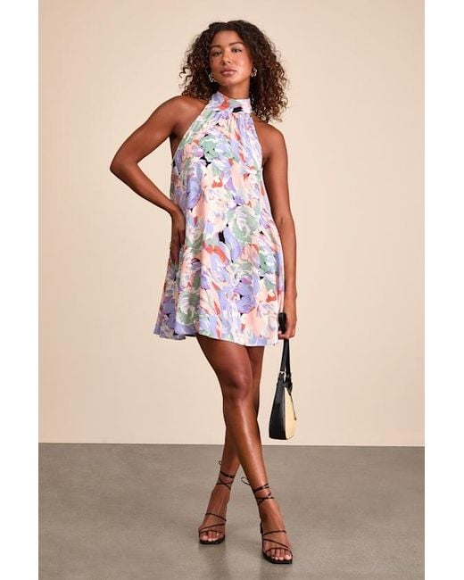Lulus Blue Tied Back To You Multi Floral Print Mini Shift Dress