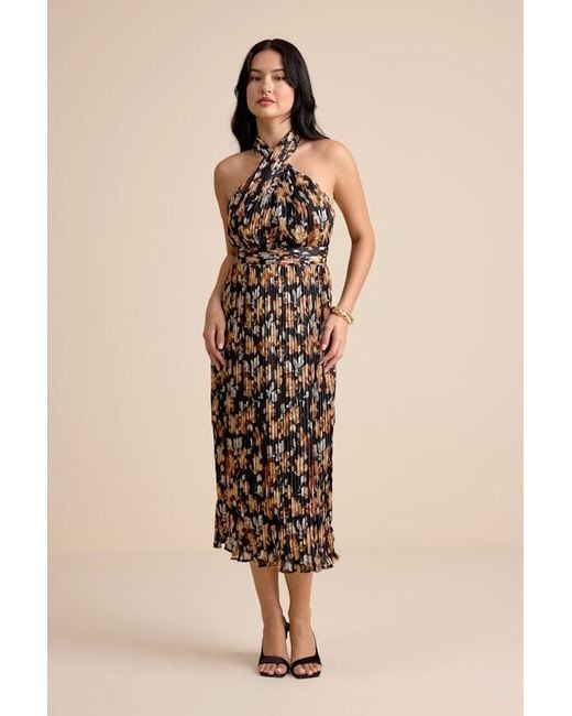 Lulus Natural Gardena Floral Pleated Cross-Front Halter Midi Dress