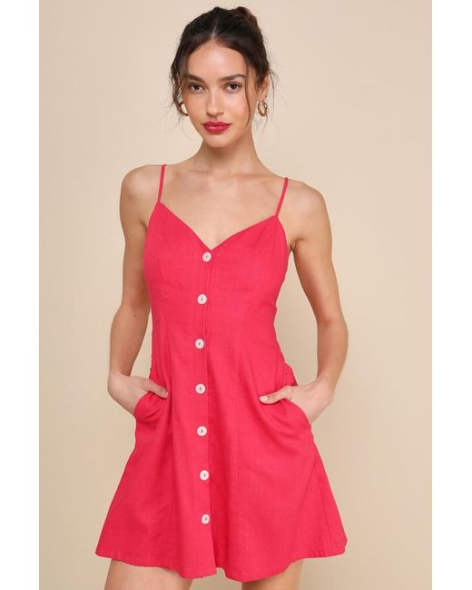 Lulus Red Favorite Find Hot Linen Mini Dress With Pockets