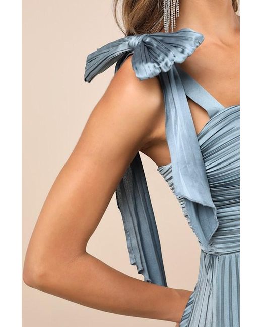 Lulus Blue Gorgeous Purpose Slate Satin Pleated Sleeveless Bow Maxi Dress