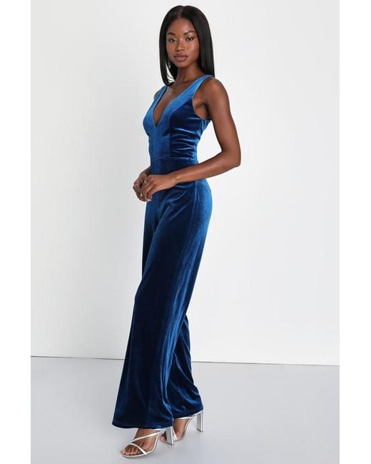 Lulus Blue Exceptional Presence Velvet Sleeveless Wide-Leg Jumpsuit