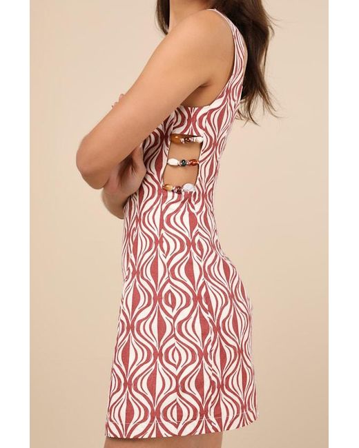 Lulus Pink Pollie Rust And Cream Print Beaded Linen Sleeveless Mini Dress
