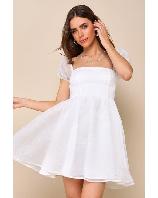 Lulus White Sweetest Grace Shiny Organza Puff Sleeve Mini Dress
