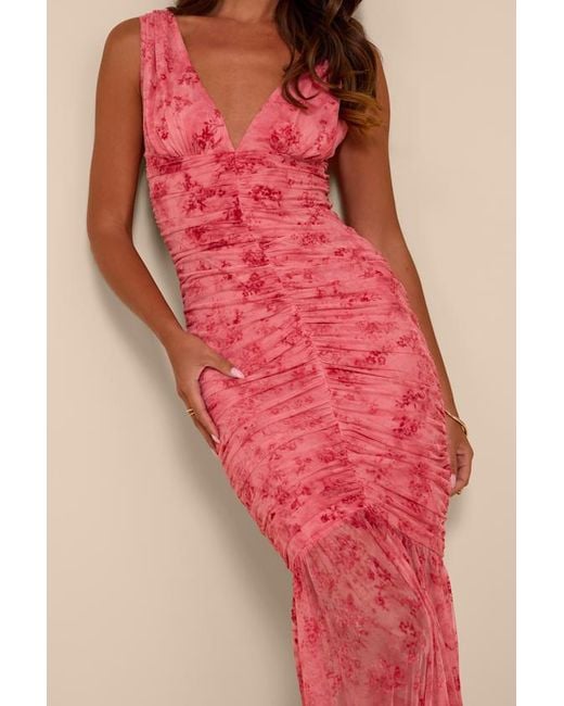 Lulus Red Jamie Floral Mesh Sheer Hem Maxi Dress