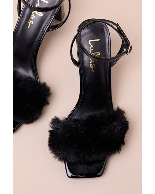 Lulus Black Kerstin Faux Fur Ankle Strap High Heel Sandals