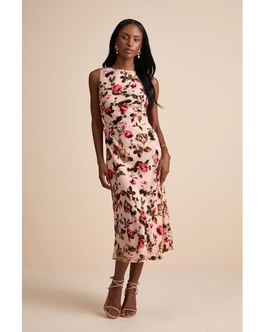 Lulus Natural Florina Blush Floral Velvet Floral Burnout Cowl Back Midi Dress