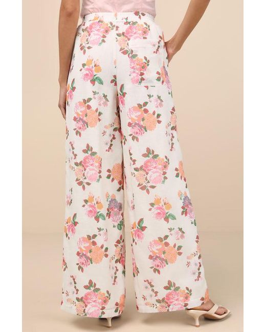 Lulus Natural Zerina Floral Print Wide-Leg Pants
