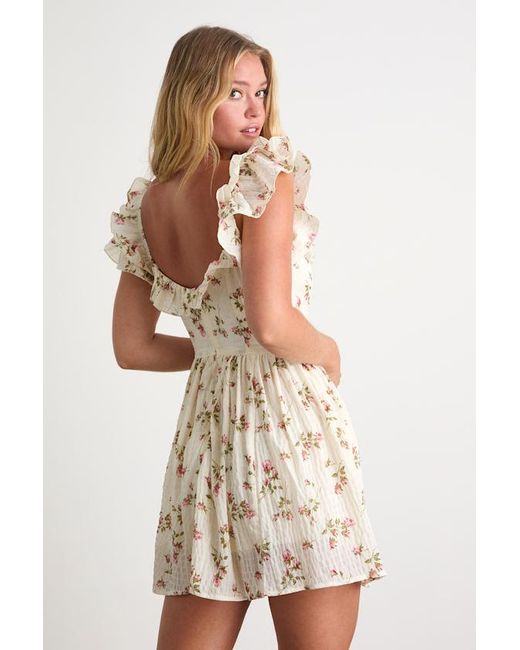 Lulus Natural Velia Floral Textured Flutter Sleeve Mini Dress