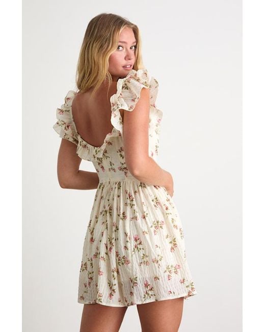 Lulus Natural Velia Floral Textured Flutter Sleeve Mini Dress