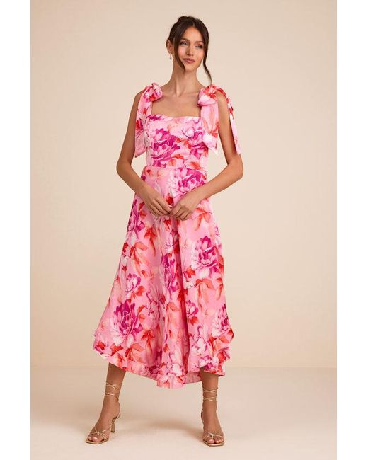 Lulus Pink Fleurette Floral Tie-Strap Midi Dress