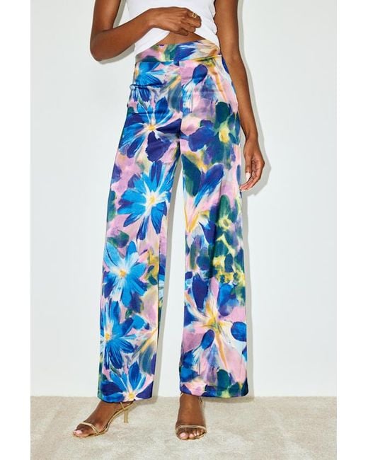 Lulus Blue Thriving Vibes Floral Print Satin Wide-Leg Pants