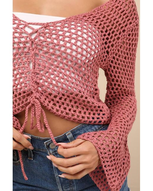 Lulus Red Saray Loose Crochet Knit Lace-Up Sweater Crop Top