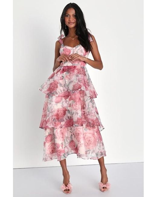Lulus Playfully Posh Blush Floral Organza Tie-Strap Tiered Midi Dress