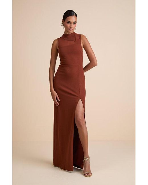 Lulus Brown Irresistibly Modern Mesh Mock Neck Maxi Dress