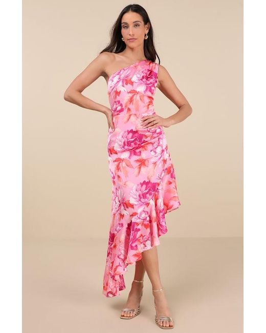 Lulus Pink Divinely Blooming Multi Floral One-Shoulder Midi Dress
