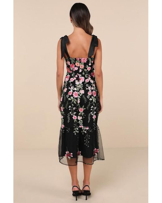 Lulus Black Stunning Inclination Embroidered Tie-Strap Midi Dress