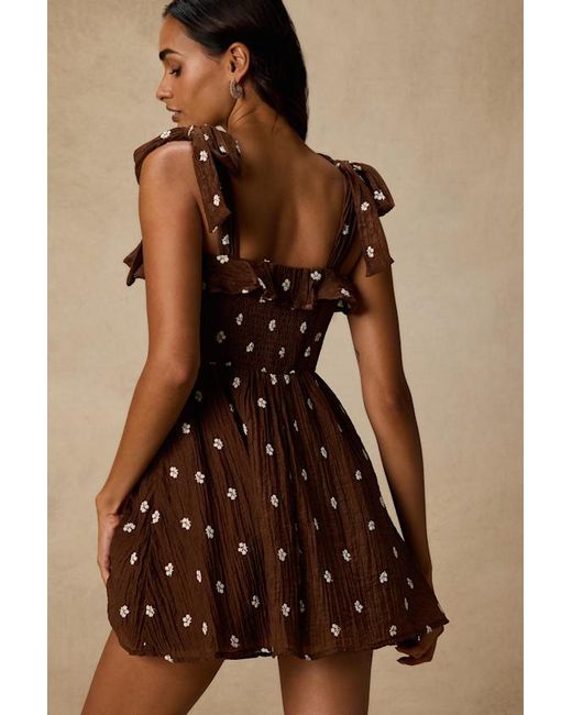 Lulus Brown Nixie Textured Floral Embroidered Mini Dress