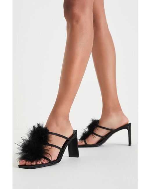 Billini Black Kayden Satin Feather Slide-On High Heel Sandals
