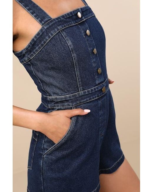 Lulus Blue Thema Dark Wash Denim Button-Front Romper