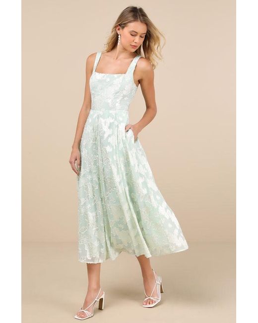 Lulus Natural Loira Mint Burnout Jacquard Lace-Up Midi Dress