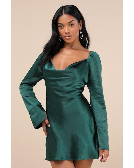 Lulus Green Sensational Fate Emerald Satin Cowl Neck Mini Dress