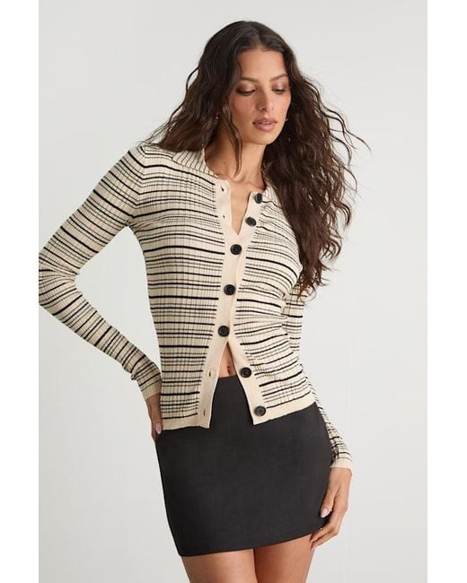 Lulus Black Lucie Cream And Striped Button-Up Sweater Top