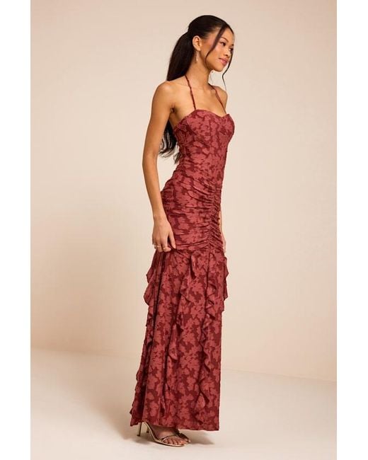 Lulus Red Dimona Rusty Rose Floral Burnout Ruched Maxi Dress