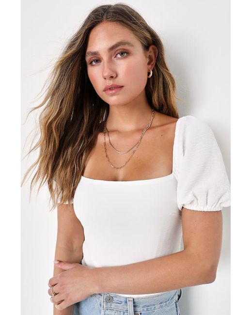 Lulus White Abundance Of Love Textured Puff Sleeve Tie-Back Bodysuit