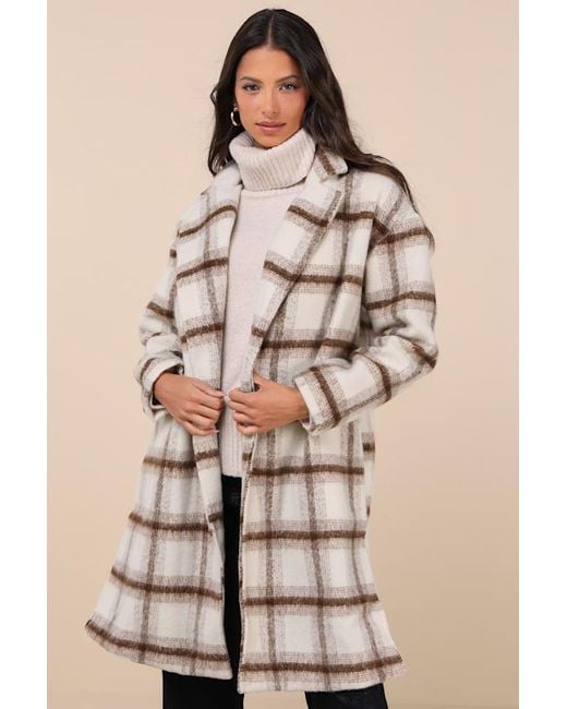 Lulus Natural Emily Plaid Brushed Open-Front Coat