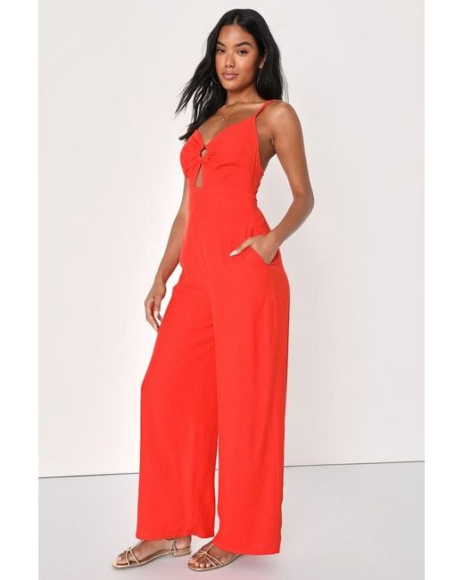 Lulus Red Exceptional Impression Coral Cutout Wide Leg Jumpsuit