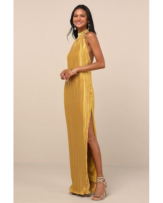 Lulus Gwenny Satin Plisse Maxi Dress in Yellow | Lyst Lulus Gwenny Satin Plisse Maxi Dress in Yellow | Lyst
