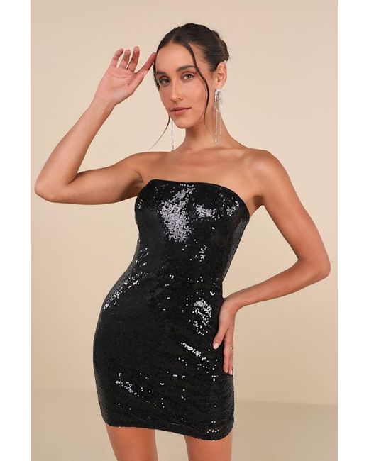 Lulus Black Unstoppable Glow Sequin Strapless Mini Dress