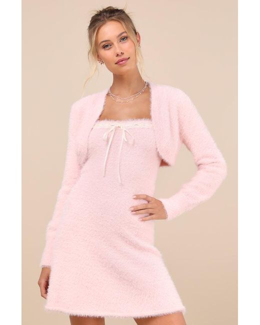 Lulus Pink Dynamic Sweetheart Eyelash Knit Mini Dress & Shrug Set