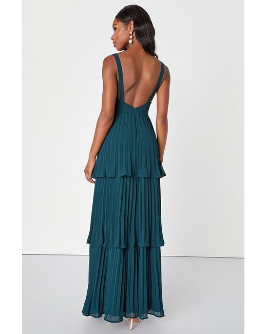 Lulus Blue Luxe Perfection Pleated Tiered Backless Maxi Dress