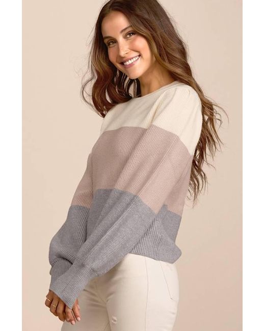 Lulus Brown Open Book Cream Color Block Balloon Sleeve Sweater