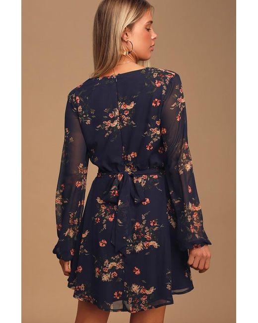 Lulus Blue Always Yours Floral Print Long Sleeve Skater Dress