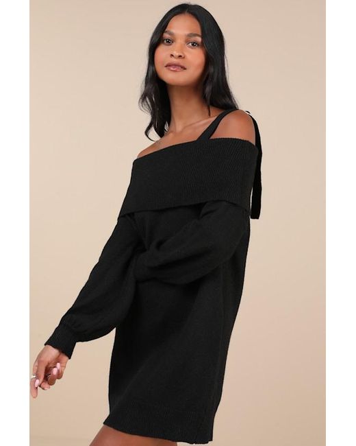 Lulus Black Elevated Comfort One-Shoulder Sweater Mini Dress