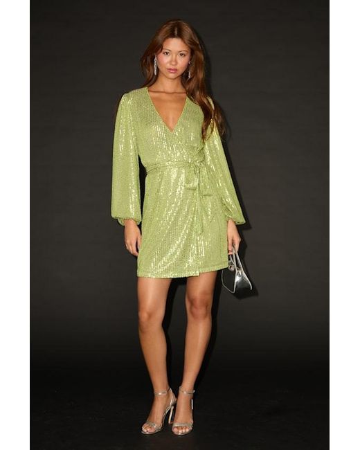 Lulus Sparkly Darling Chartreuse Sequin Long Sleeve Wrap Dress in Green |  Lyst